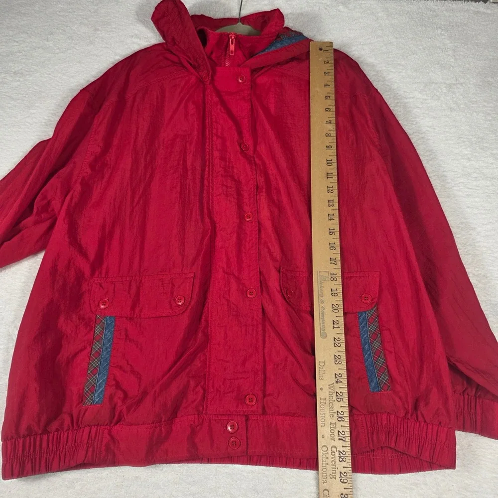 Koret Windbreaker Jacket Womens 2X Red Good Vintage Hooded Plaid‎ Trim Retro 90s